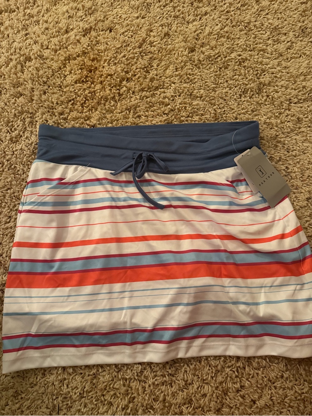 PGA Tour Striped Drawstring Mini Skort - Blue, Red & Coral